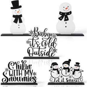 CPicdn 5Pcs Winter Christmas Tiered Tray Decor Centerpieces, Snowman Snowflakes Wood Sign Farmhouse Rustic Table Topper Decoration Black White Let It Snow Holiday Supplies for Home Office Desk Shelf