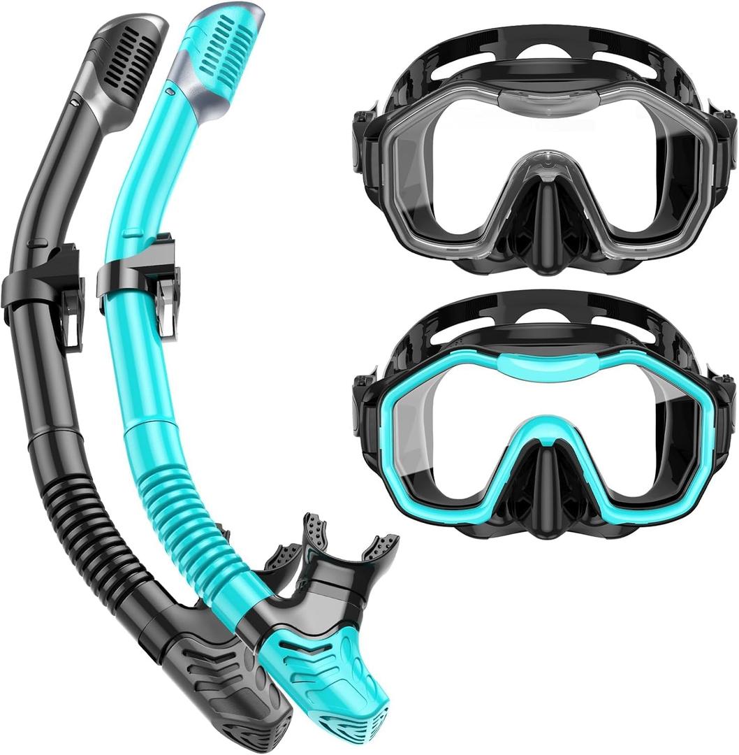 Snorkeling Gear for Adults Kids, Dry-Top Snorkel Set, 180Panoramic Wide View Diving Mask Breathing Freely Snorkel Mask for Snorkeling Scuba Diving Swimming Travel (A1-Black + BlackGreen)