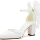 Block Heel Wedding Shoes for Bride Bow Heels Pointed Toe Pearl Bridal Shoes Wedding Heels, Size 8