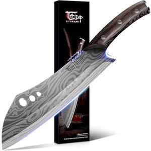 SYOKAMI Butcher Knife, 10 Inch Meat Cleaver Chef Knife with Herb Stripper, Japanese Style High Carbon Steel Kitchen Knife for Chopping & Slicing, Damascus Pattern Full Tang Wood Handle Ideal for Gift