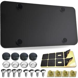 Stainless Steel License Plate Backing - Black Heavy Duty Metal Reinforcement Plate for Car Tag Bending Protection with Screws & Caps