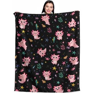 Axolotl Blanket 50x60 Inch - Pink Salamander Axolotl Gifts for Girls Kids Soft Flannel Plush Throw, Cozy Kawaii Animal Lovers Decor for Bedroom Couch Sofa (Black)