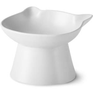 Ceramic Elevated Cat Bowl, Raised Cat Food Water Bowl for Indoor Cats with Stand, Titled Anti-Vomiting Cat Dish, Whisker Friendly, All Life Stage (White)