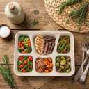50 Pack 6 Compartment Disposable Plates, Heavy Duty Paper Plates with Compartments, Compostable Bagasse Plate for School, Party & Catering Trays, 11"x8"