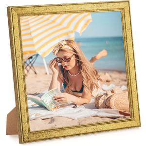 Wood 7x7 Frame Gold, Ornate Natural Wooden 7x7in Picture Frames, Modern Golden 7 x 7inch Gallery Photo Pic Frame with HD Plexiglass, Horizontal Vertical Wall Mounting Tabletop Display 1Pcs
