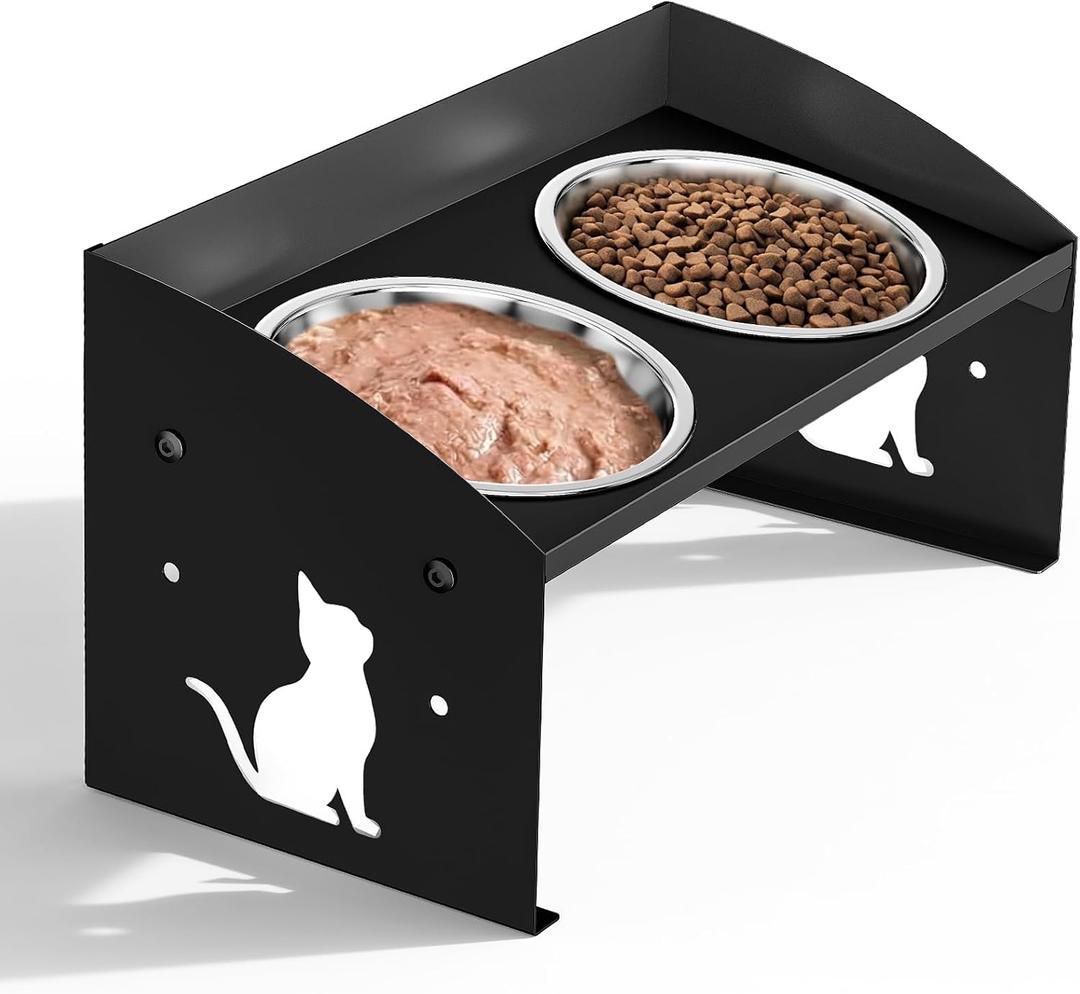 Elevated Cat Bowls with Splash Proof, 12Tilted No Spill Raised Cat Food Water Bowls Set, Stainless Steel Pets Dishes with Adjustable Cute Metal Stand for Indoor Kitten Puppy, Anti-Vomiting