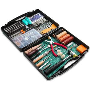 273 Pieces Leather Working Tools and Supplies with Leather Tool Box Cutting Mat Hammer Stamping Needles Snaps and Rivets Kit Perfect for Stitching Punching Cutting Sewing Leathercrafting Making