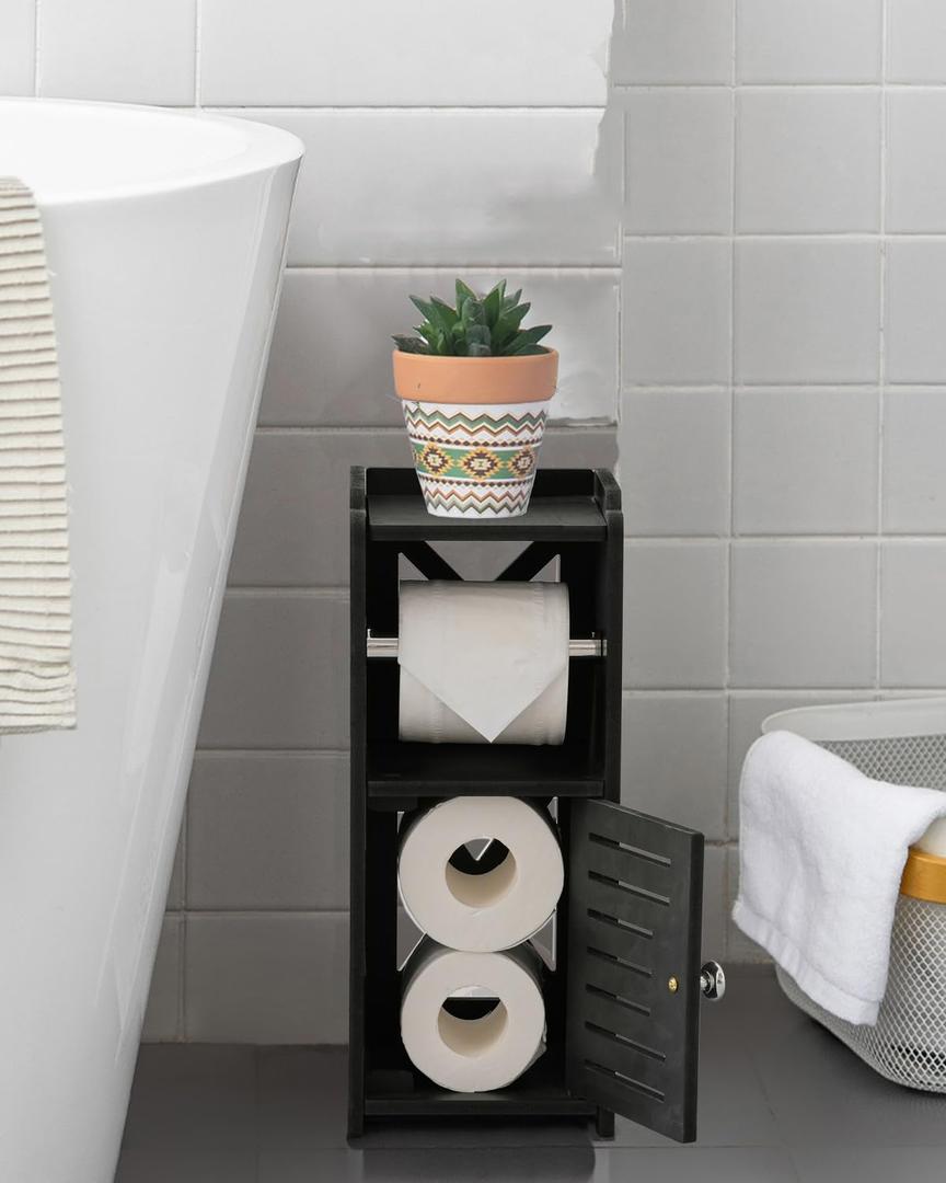 AOJEZOR Toilet Paper Holder Stand: PVC Freestanding Bathroom Cabinet Storage for Apartment Dwellers - Slim Bathroom Storage - Black (15.4 inch H)