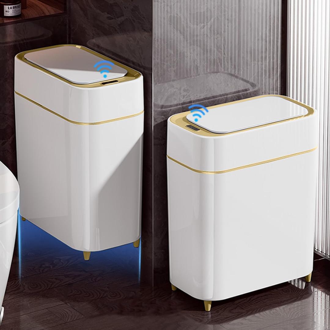 2-Pack Automatic Bathroom Trash Can with Lid, Slim Motion Sensor Garbage Can, Waterproof Touchless Trash Bin, Smart Trashcan for Bedroom, Living Room, Narrow Space, 2.3 Gallon, White+Gold Trim