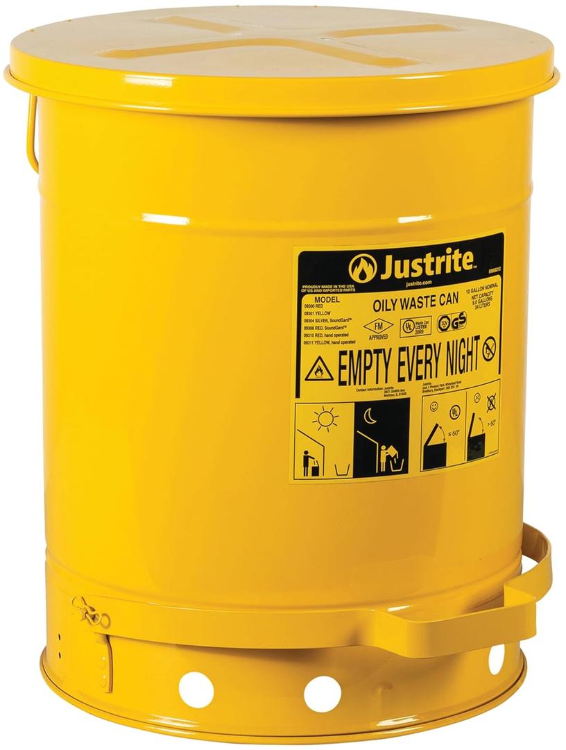 Justrite 10 Gallon Galvanized Steel Oily Waste Can, 18" x 14" Metal Oil Rag Safety Can with Foot Operated Self-Closing Lid for Oil Rag Disposal, Made in The USA, Yellow, 09301
