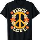 Love 60'S 70'S Party Outfit Groovy Hippie Costume Peace Sign Black Tshirt , Size M