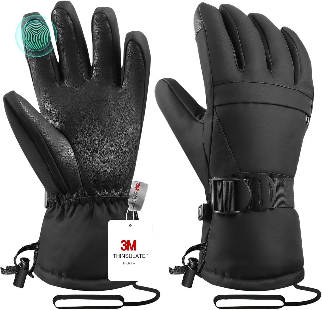 Ski Gloves,Winter Snow Waterproof Gloves Touchscreen Skiing & Snowboarding Cold Weather Glovess,Fits Both Men & Women,for ParentChild Kids with Wrist Strap (Full Black) M(Fit Kids 11-15 Years and Women size S-M)