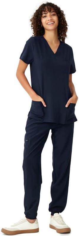 Women's V-Neck Scrubs Top & Cargo Pants Set, 10 Pockets, Yoga Waistband, 4 Way Stretch (Medium, Navy Blue)