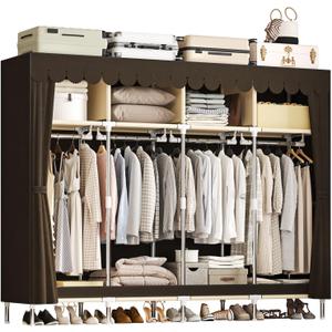 Large Portable Armoire Wardrobe Closet with 4 Hanging Rods and Lockers,Metal Storage Wardrobe Clothes Rack with Dust Cover for Clothes,16.7 in Wide,Bedroom,Gray (Brown, 77.5 in)