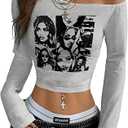SweatyRocks Women's Y2k Graphic Crop Tops Off Shoulder Long Sleeve Fitted Vintage T Shirts M