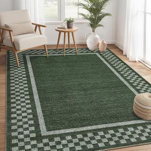 GarveeHome Washable Area Rug 4x6 Small Living Room Rugs Modern Bordered Soft Dining Room Throw Carpet Low Pile Non Slip Checkered Bedroom Rug Geometric Carpet for Nursery Kitchen Home Office, Green