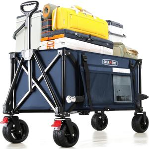 Overmont Collapsible Wagon Cart with Wheels - Foldable Heavy Duty Wagon with Big All-Terrain Wheels - 330Lbs Weight Capacity with Side Pockets for Camping Sports Garden Grocery Shopping Blue (Navy)