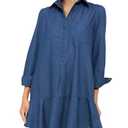 YEXPINE Women's Long Sleeve Denim Shirt Dress Button Down Ruffle Flowy Collared Mini Shift Drop Waist Jean Dresses Dark Blue, Small