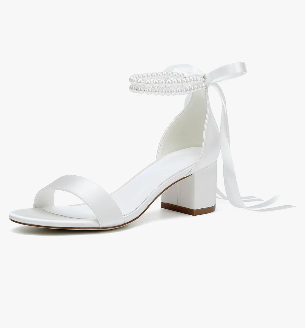 Women's Low Block Chunky Heels Sandals Open Toe Pearls Wedding Heels for Bride Heeled Party Dress Pump Shoes Size 38