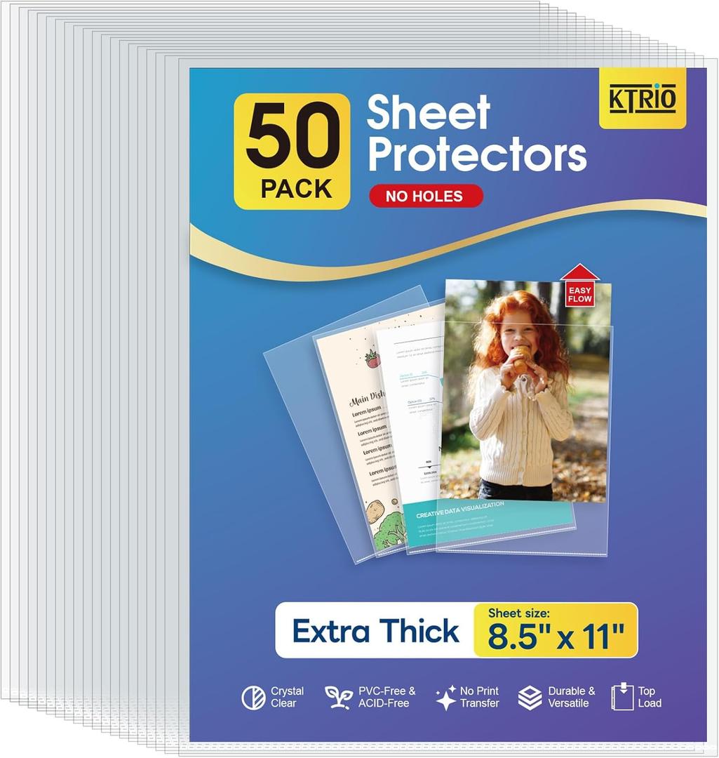 KTRIO No Holes Sheet Protectors 8.5 x 11 Inch Heavy Duty Clear Page Protectors, Plastic Paper Document Sleeves, Letter Size, Top Loading, Acid Free, 50 Pack