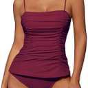ZAFUL Womens Tankini Swimsuits 2025 Spaghetti Strap Two Pieces Ruched Top Tummy Control High Waisted Bottom Bathing Suits (Small)