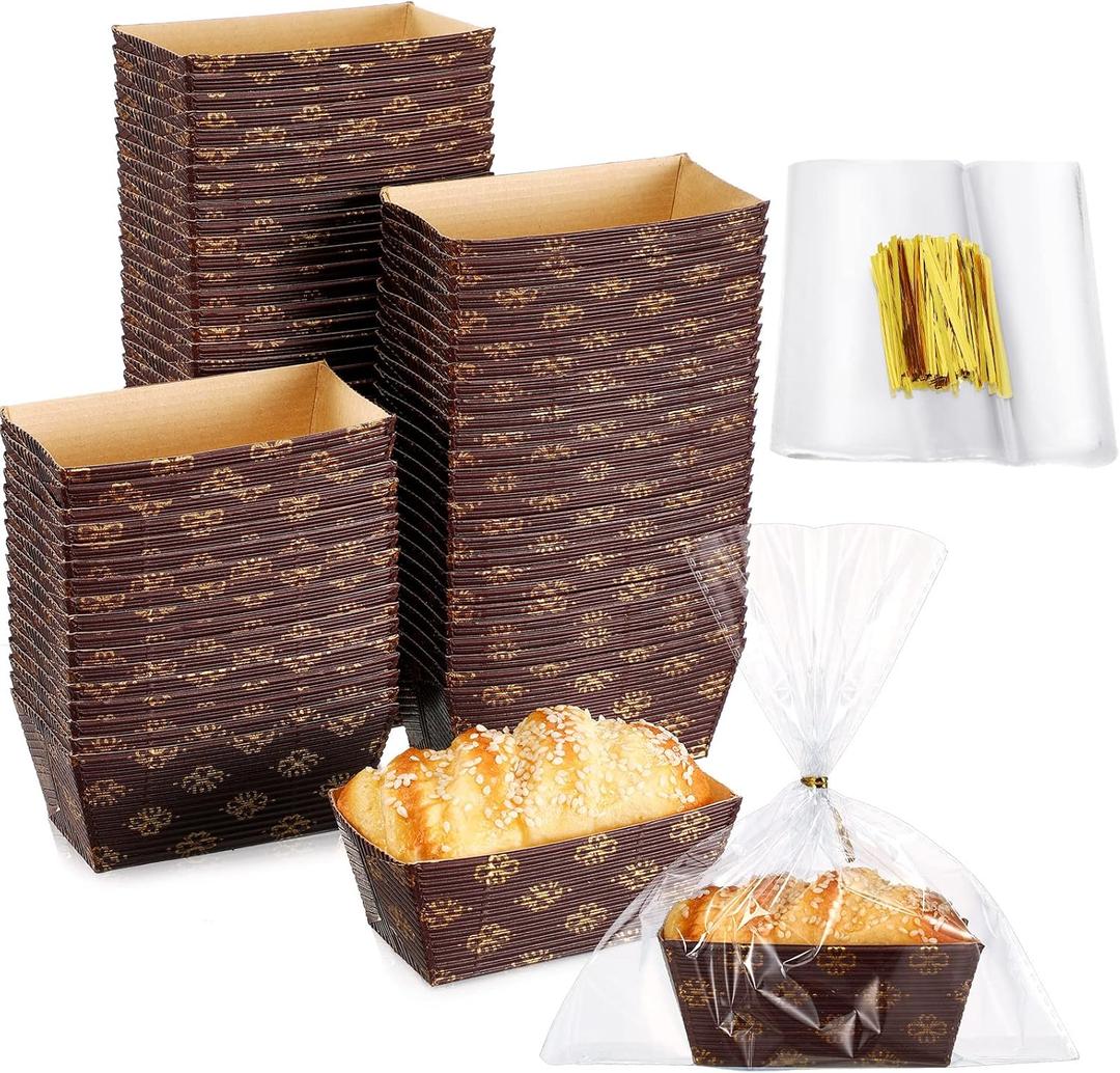Sabary 100 Pcs Mini Disposable Paper Loaf Pan with Clear Plastic Bread Bags, 3.1 x 1.5 x 1.7 Inch