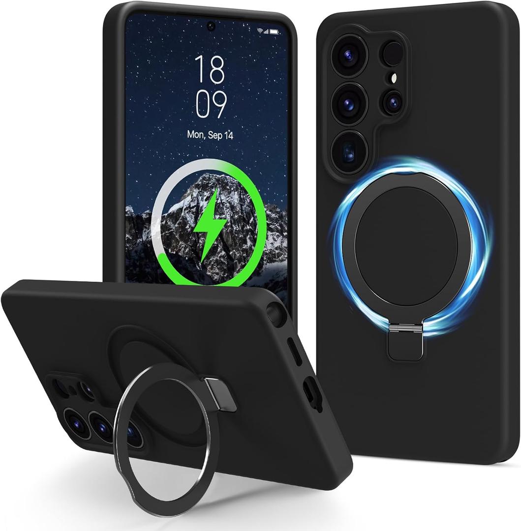 for Galaxy S26 Ultra Case with Stand, Slim Liquid Silicone Phone Cases for Samsung Galaxy S26 Ultra Compatible with MagSafe Magnetic Ring Kickstand Case Full Camera Protection, Black