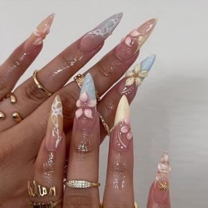 Flower Press on Nails Blue Yellow French Tip Fake Nails Long Stiletto Nail Press ons with 3D Floral Design Glossy Full Cover Spring Stick on Nail for women Manicure 24Pcs
