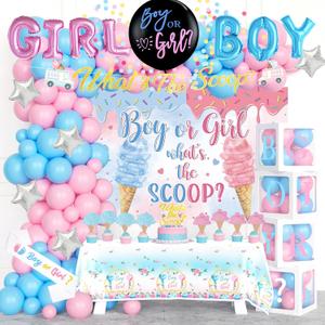 Ice Cream Gender Reveal Decorations, 117PCs - Whats the Scoop Gender Reveal Party Supplies with Boy or Girl Backdrop, Balloon Garland, Banner, Tablecloth, Boxes, Sash, Cake Topper