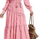 dowerme Women's Casual Dresses 2025 Fall Fashion Long Sleeve Button Up Floral Print Belted Tiered Boho Maxi Party Dress (Pink, XL)