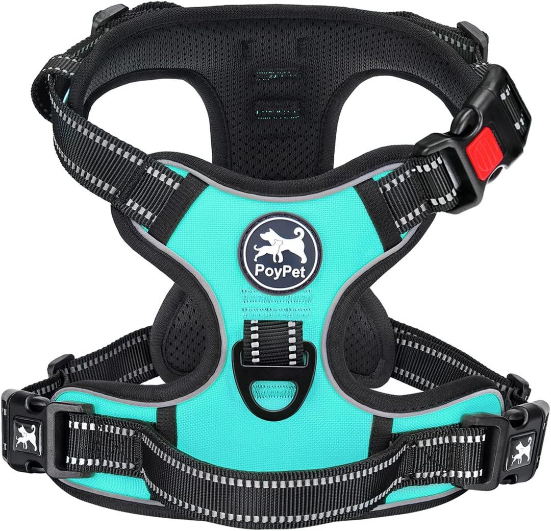 PoyPet No Pull Dog Harness, No Choke Front Clip Dog Reflective Harness, Adjustable Soft Padded Pet Vest with Easy Control Handle for Small to Large Dogs(Mint Blue,M)