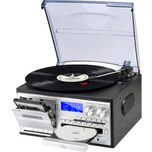 9 in 1 Record Player with 3-Speed Turntable, Bluetooth, CD Player, Cassette, AM/FM Radio, USB/SD Playback & AUX-in, Retro Vinyl Record Player with Built-in Speakers