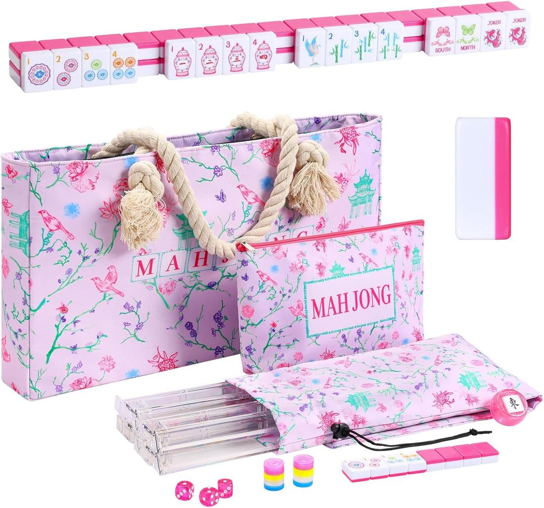 TIASUSAN American Mahjong Tile Set with160 Engraved Mahjong Tiles(1.2"), Mahjong Set with Pink Mahjong Bag, Racks and Accessories.
