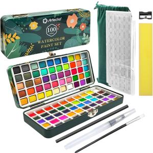 Artecho Watercolor Paint Set 100 Colors with Metallic in Portable Box, Paint Kit with Watercolor Papers and Brushes, Water Color Set for Beginners & Professionals
