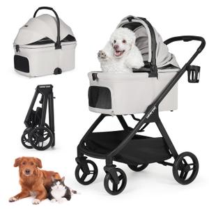 X-5 Luxury Pet Stroller for Medium Dog Up to 55 lbs or 2 Small Dogs Cats, 3-in-1 Detachable Carrier & Car Seat, One-Touch Folding, Adjustable Handle, All-Terrain Wheels (Gray)