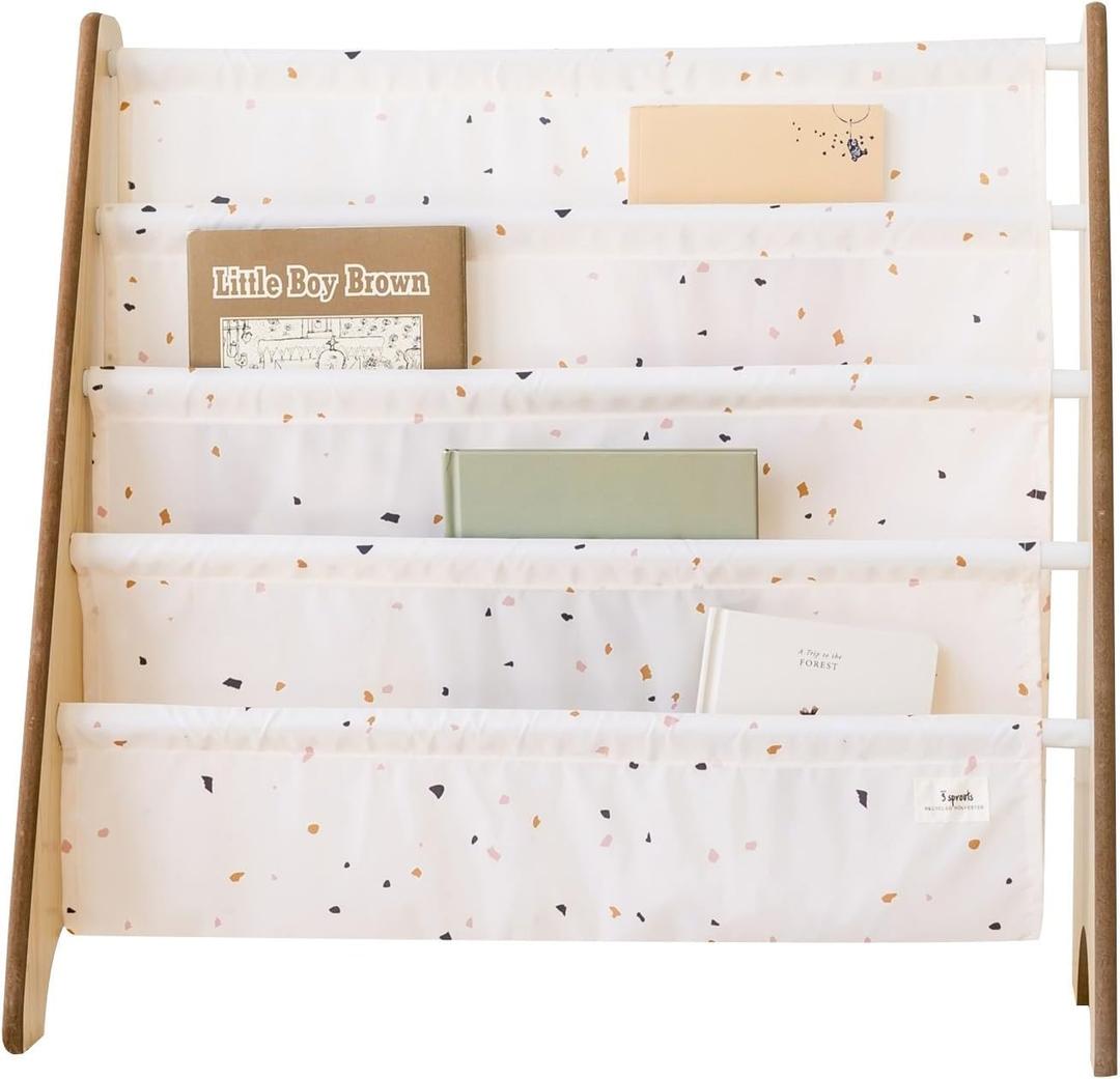 3 Sprouts Recycled Fabric Kids Bookshelf  4-Tier Sling Book Rack Organizer - Nursery Room Playroom Classroom Wooden Book Shelves - Kid Bookcase Wood Storage Shelf for Toddler Age 3+ - Terrazzo Cream