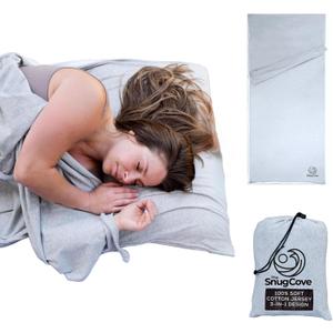 Soft Cotton Sleeping Bag Liner  100% Organic Jersey Cotton Travel Sheet with Full Zipper, Lightweight Camping Sheet for Hotel & Travel, Single or Double Convertible Stretchy Sleep Sack for Adults