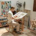 MEEDEN White Board Drafting Table and Stool Set, Height Adjustable Artist Wooden Stool and Craft Table, Tiltable Tabletop of Drawing Desk, Perfect for Writing, Artwork, Artists Studio