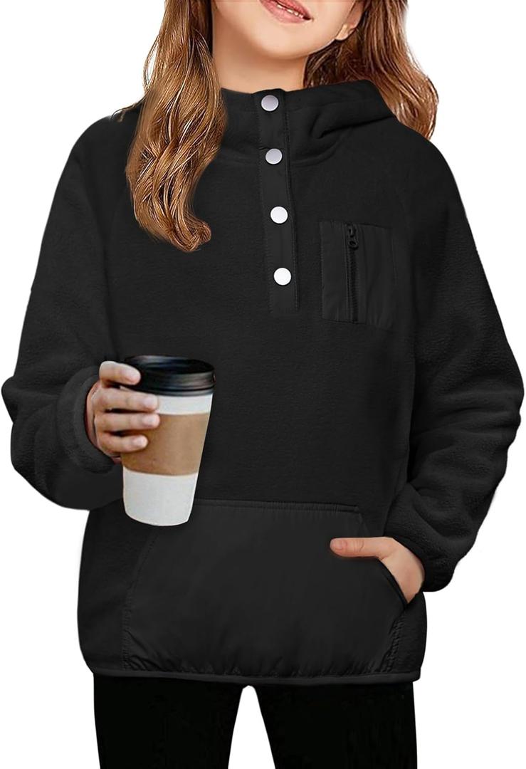Arshiner Girls Fleece Pullover Hooded Sweatshirt Colorblock Sherpa Hoodie for Teen Girl Fall Winter Button Jacket Coat with Pockets Girls Hoodies Size 12-14 Kids Black Hoodie