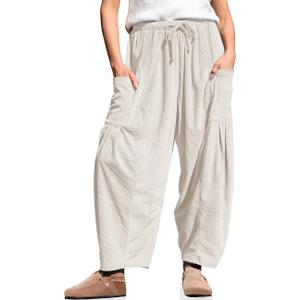 TARSE Womens Corduroy Pants Barrel Casual Loose Baggy Drawstring Wide Leg Palazzo Harem Pants with Pockets (Large, Milky White)
