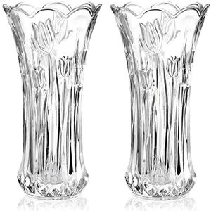 Dicunoy Set of 2 Glass Flower Vase, 9.5" Large Flower Vases for Centerpieces, Modern Clear Heavy Duty Crystal Tall Cylinder Flared Vase for Rose Bouquet, Home, Wedding, Living Room, Office