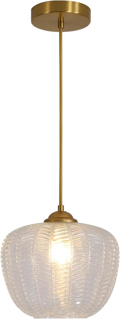 KCO Lighting Clear Glass Pendant Lights Kitchen Island Light Fixture Vintage Ribbed Glass Ceiling Light Antique Brass Pendant Light Gold Globe Pendant Light Fixture