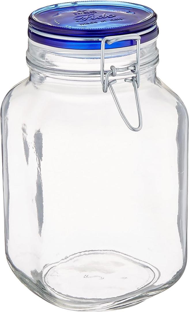 Bormioli Rocco Fido Square Jar with Blue Lid, 67.5-Ounce, Clear