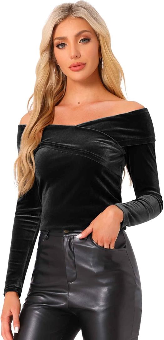 Allegra K Velvet Top for Women's Cocktail Slim Fit Long Sleeve Off-Shoulder Blouse Large Black