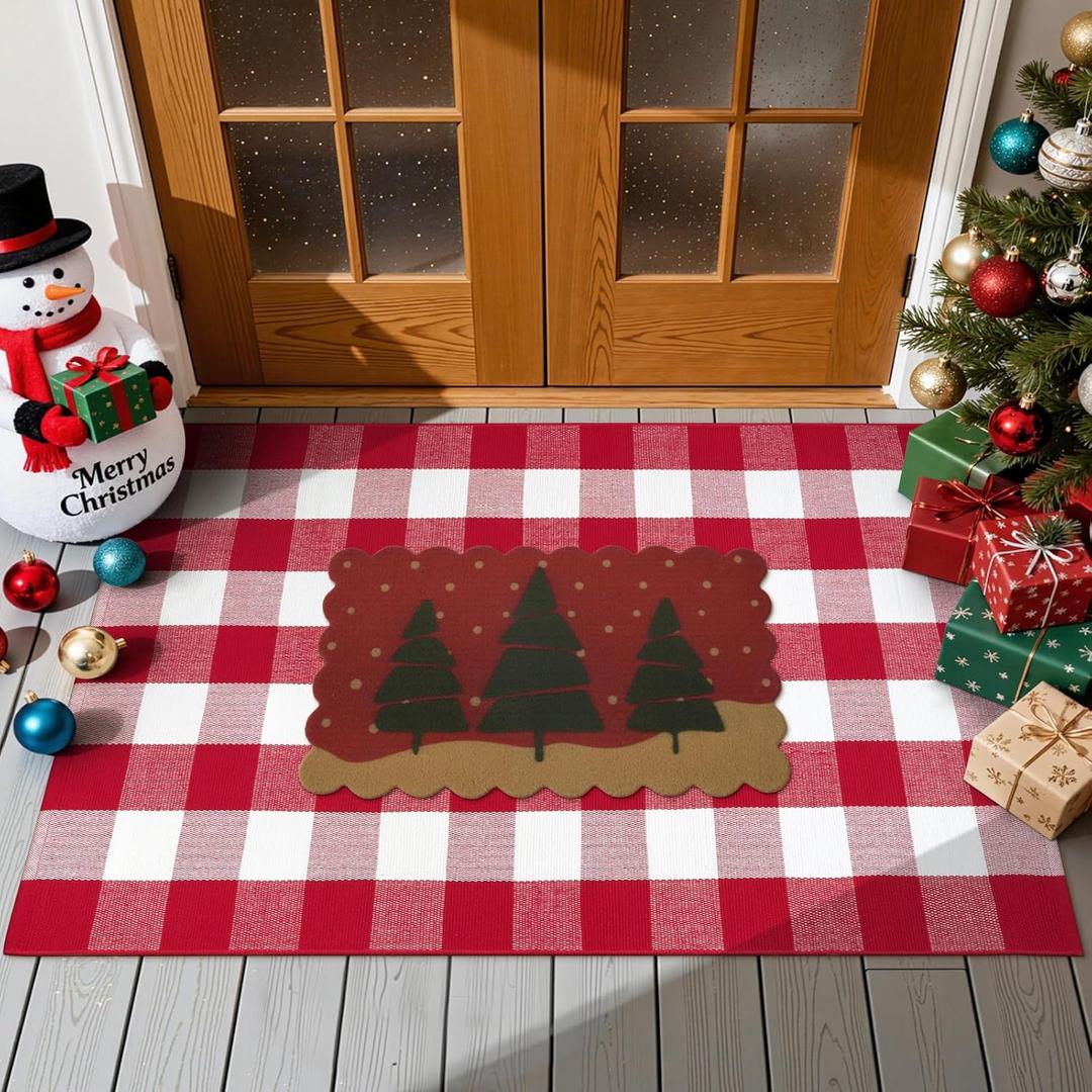 OJIA 2PCS Christmas Rug Door Mat Combo Set, Imitation Coir Doormat + 3'x5' Red and White Plaid Rug Xmas Washable Outdoor Area Rugs Layered Door Mats Floor Carpet for Porch Patio Decor Outside Entry