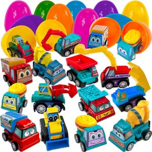 Stargo 8 Pack Colorful Prefilled Easter Eggs with Toys - Construction Engineering Vehicles, Pull-Back Cars, Bright Plastic Easter Eggs Filled, Basket Fillers Egg Hunts, Party Favors, Boys Goodie Bags