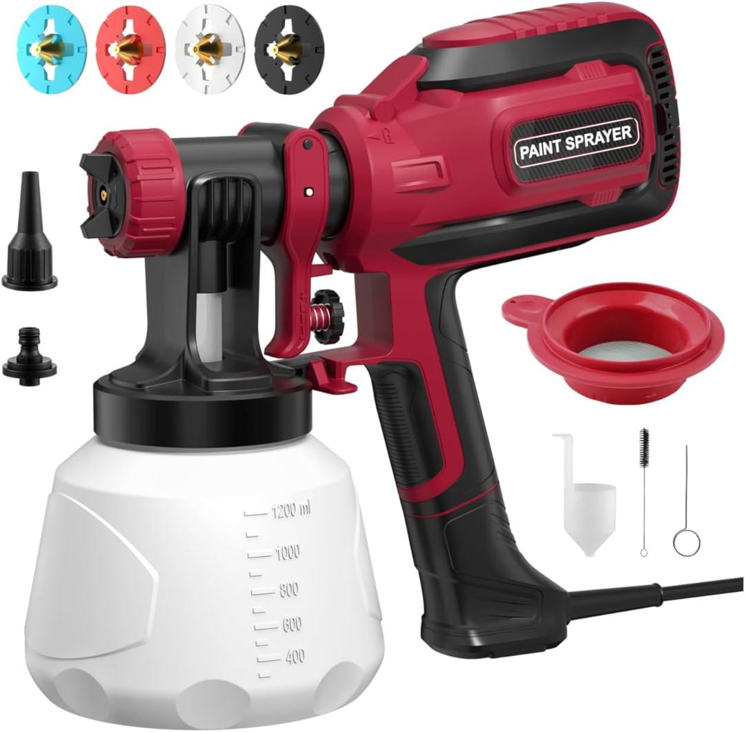 Paint Sprayer, HVLP Spray Gun with Cleaning & Blowing Joints, 4 Nozzle Sizes & 3 Spray Patterns, Easy to Clean, for Furniture, Cabinets, Decks, Walls, Doors, DIY Projects, etc.