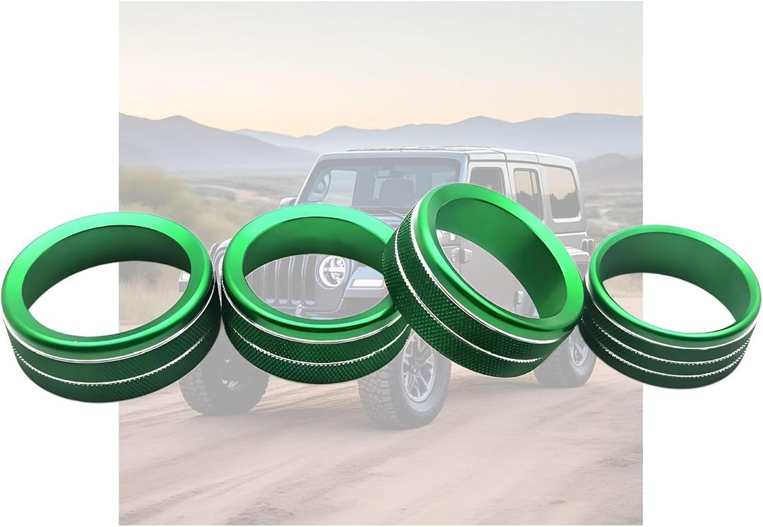 Air Conditioner CD Switch Button Knob Cover, Car Interior Accessories Aluminum Alloy Trim Rings Compatible with Jeep Wrangler JL 2018-2022 (Green, 3 pack)