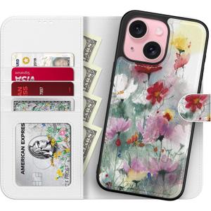 LUMARKE Designed for iPhone 13 Mini Wallet Case - Detachable Flip Folio Cover - RFID Blocking 4 Card Slots Holder - Leather Magnetic Kickstand - Protective Phone Case 5.4",Designer Flowers Print