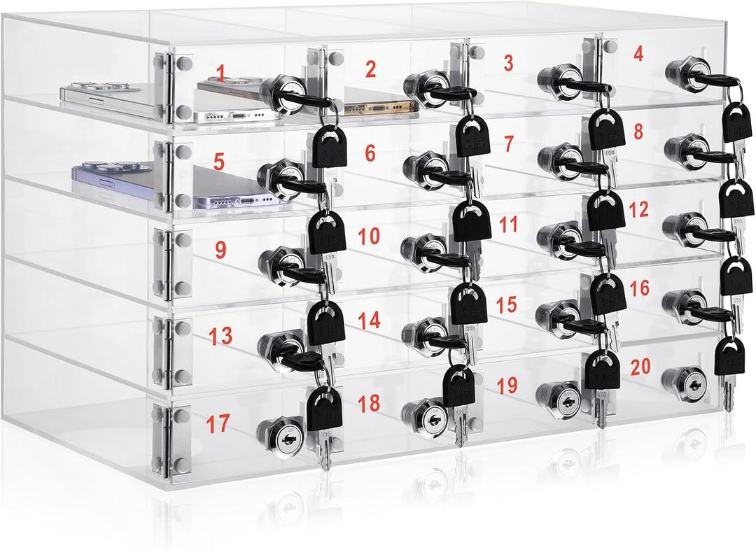 Layhit 20 Slots Cell Phone Locker Box for Classroom Clear Acrylic Cell Phone Storage Cabinet Bin with Door Locks for Classroom School Students Office Factory Employees, Small